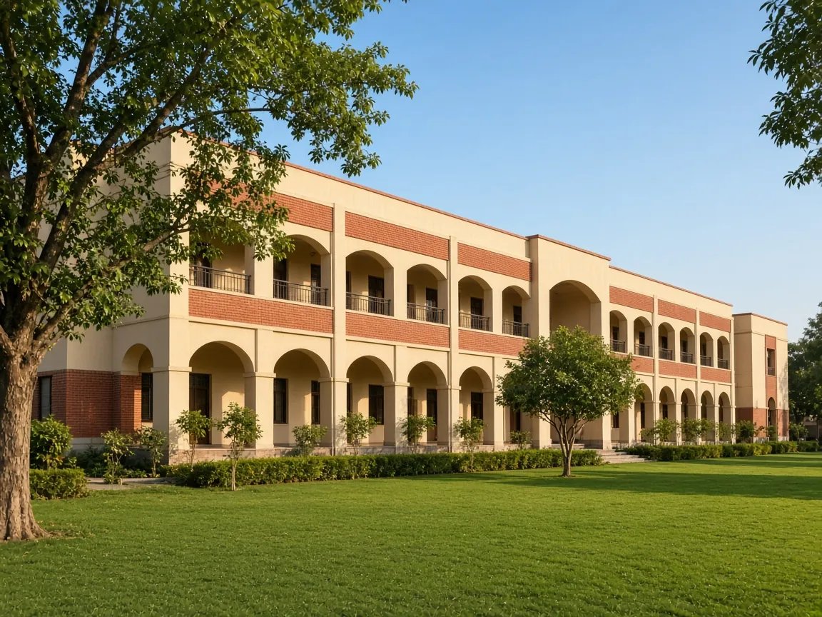 Two-storey school building with arched verandahs and a green lawn