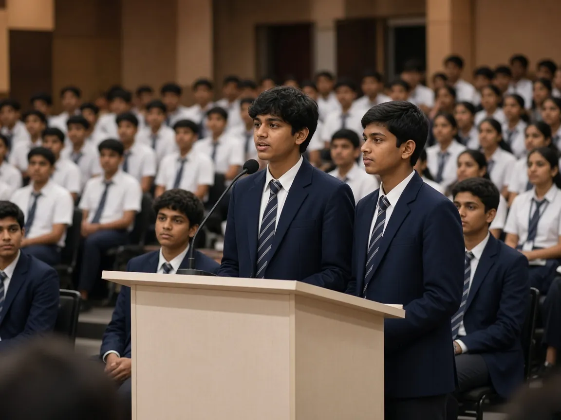 Student speaking at a podium during a school competition