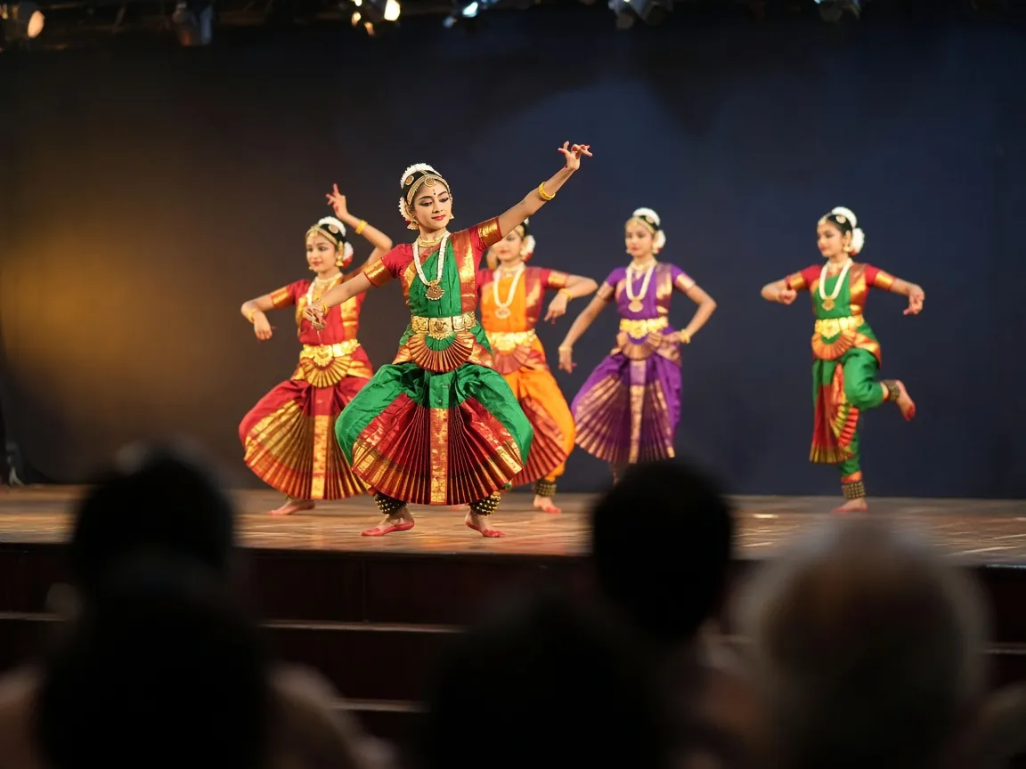 Students performing classical dance on a school stage