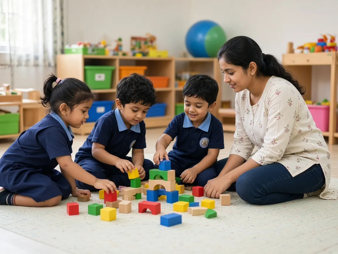 Nursery children playing with wooden blocks beside their teacher