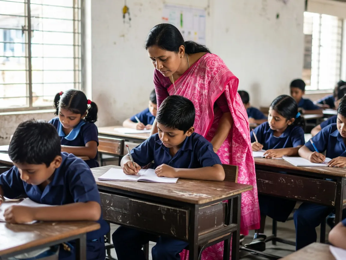 Primary students writing at their desks while a teacher helps one child
