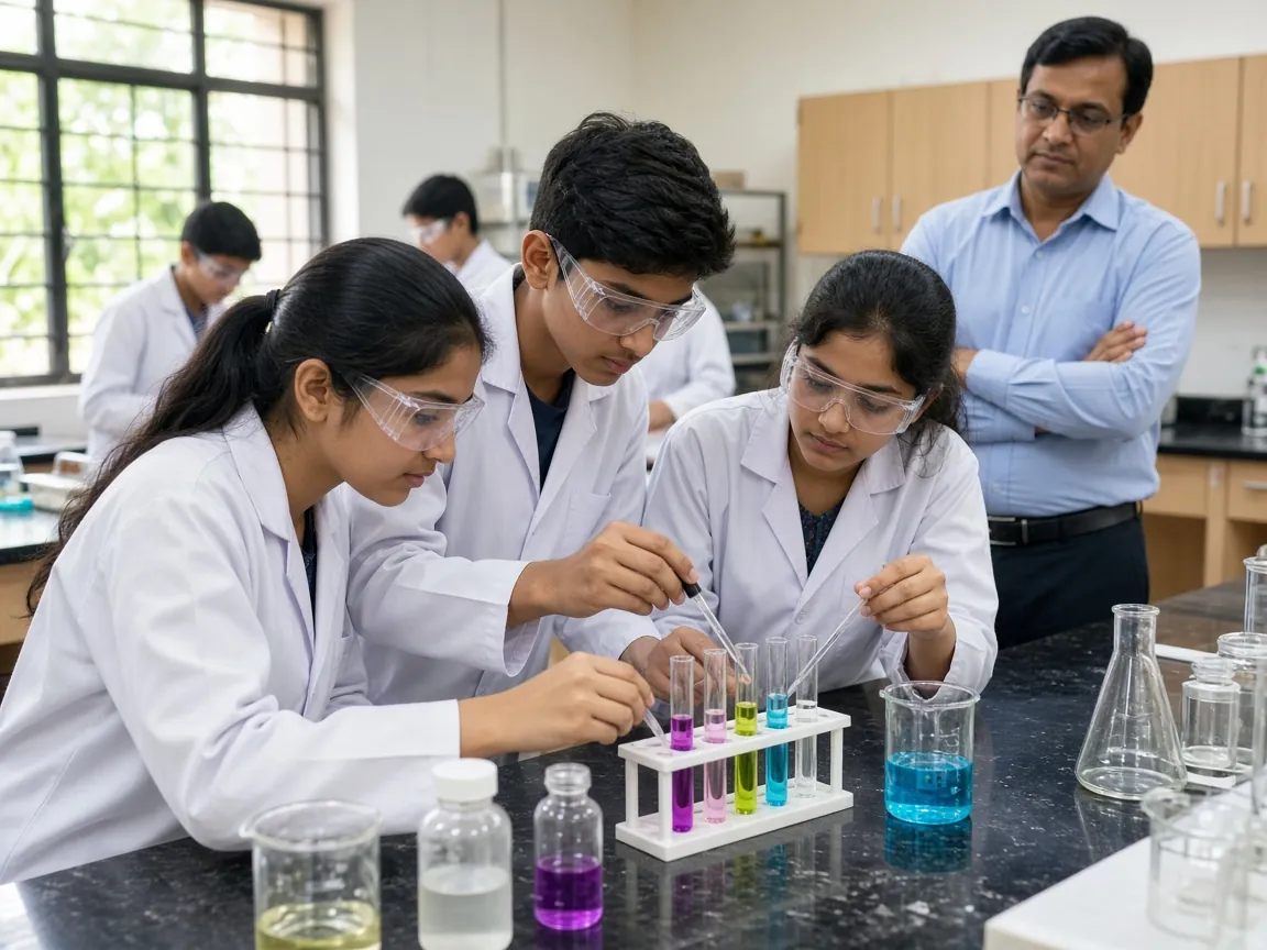 Students in lab coats carrying out a chemistry experiment