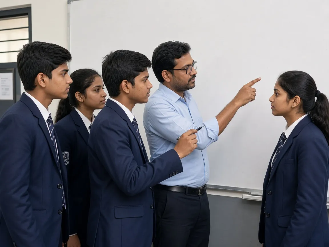 Secondary students discussing a problem at the whiteboard with their teacher