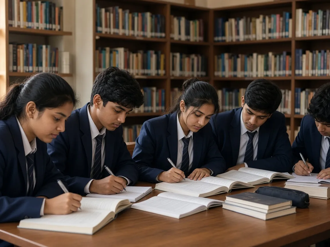 Senior students studying together at a library table