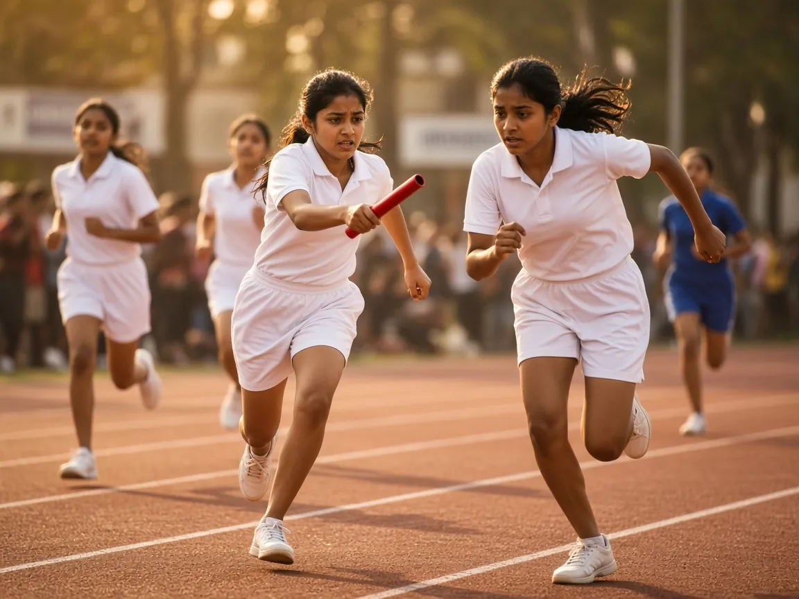 Girls running a relay race on a school running track