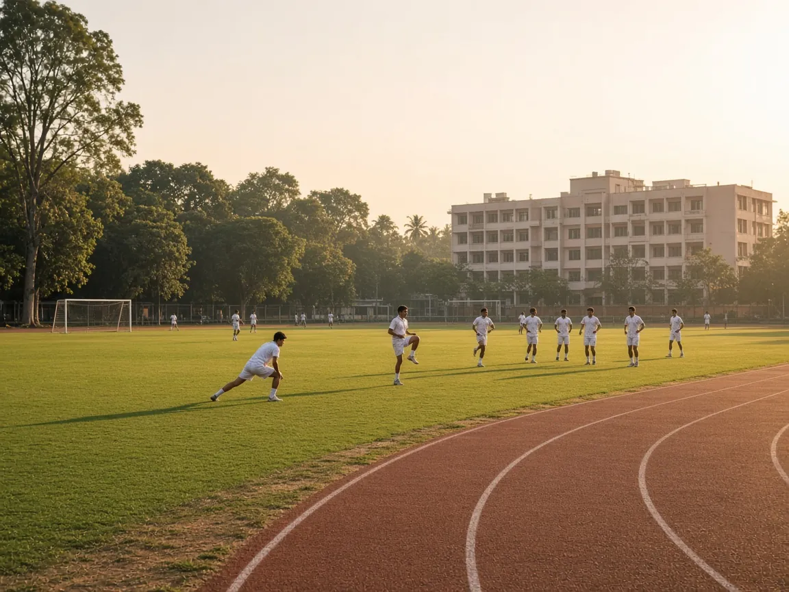 Students warming up on a school football field beside a running track