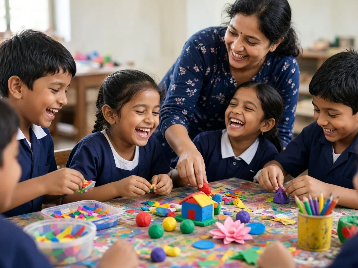 Children laughing while making clay and paper crafts